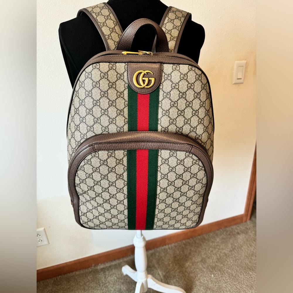 Gucci Beige GG Canvas Backpack with Brown Leather and Red/Green Web